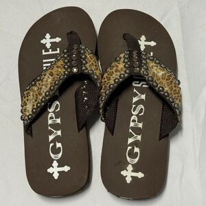 Gypsy Soule Leopard Rhinestone Flip Flop Sandals Women’s Size 7 Boho Bling NWOT
